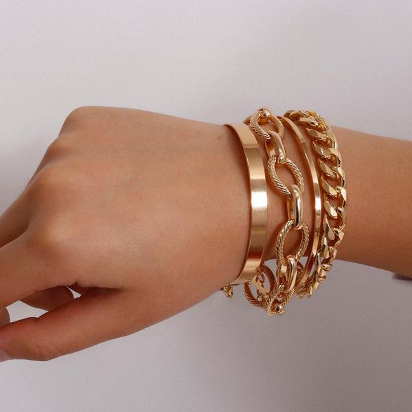 

link, chain 4pcs punk heavy metal big thick cuban bracelet set women retro geometric twisted bangles fashion jewelry, Black