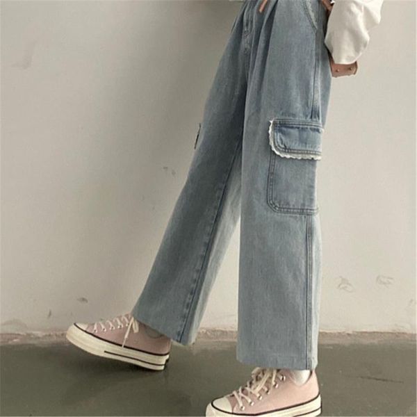 

women's jeans fashion solid straight boyfriend women with pockets pants high waist vintage cool harajuku trousers, Blue