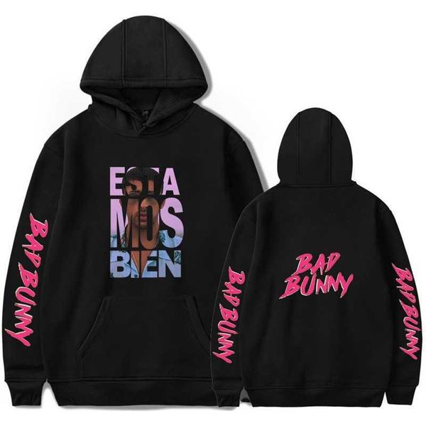 

spring and autumn hooded sweater around bad bunny, Black