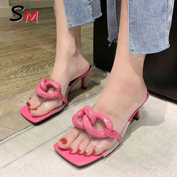 

women summer new chain sandals pvc slippers flip flops 2022 fashion transparent dress high heels mules shoes party pumps slides, Black