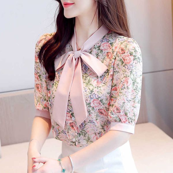 Корейский модные женские блузки женщина шифоновые рубашки цветочные вершины плюс размер летом пыхтый рукав топ 210531