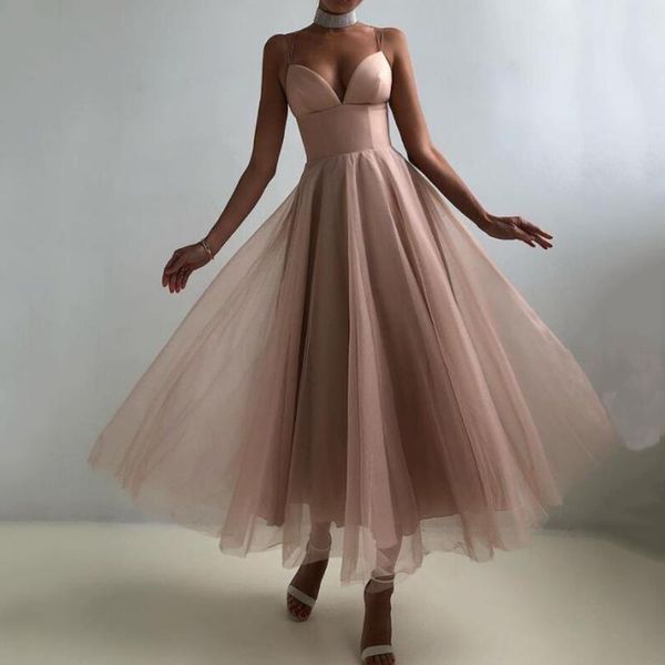 

party dresses ranmo simple old pink/black a line evening spaghetti straps tulle and satin empire tea length midi prom gowns 2021, White;black