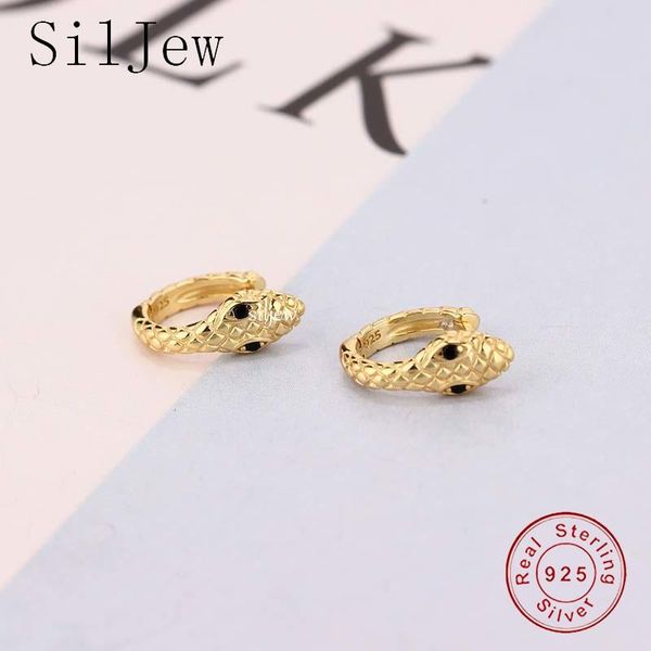

hoop & huggie real 100% 925 sterling silver retro punk round snake delicate elegant minimlist romantic earrings for women animal jewelry, Golden;silver