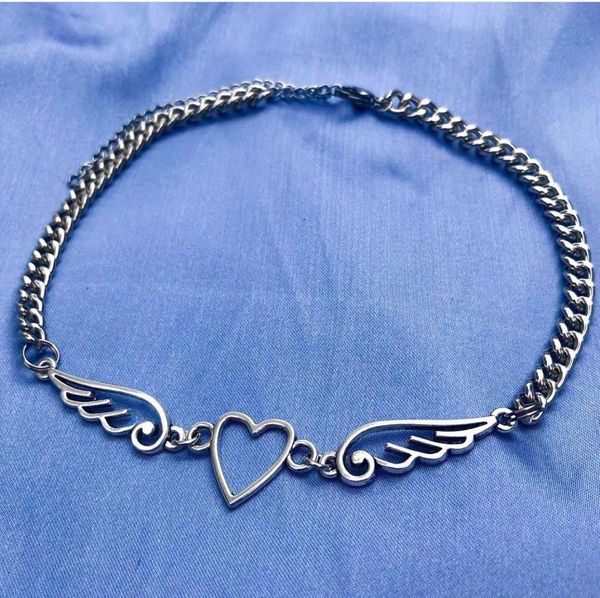 

necklaces pendants punk hollow out heart feather metal choker for women girl hip hop harajuku angel pendant trendy jewelry, Silver