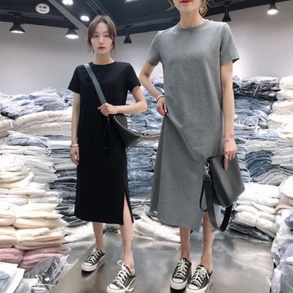 

summer women round neck split skirt t shirt dress short sleeves straight dresses robes 5kqf, Black;gray