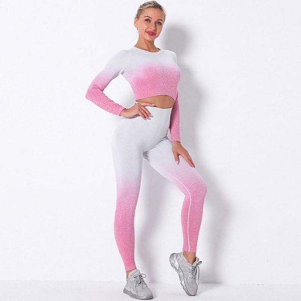 

yoga outfits women autumn gradient colour seamless knitting set gym tight elastic long sleeve +high waist leggings sport suit1, White;red