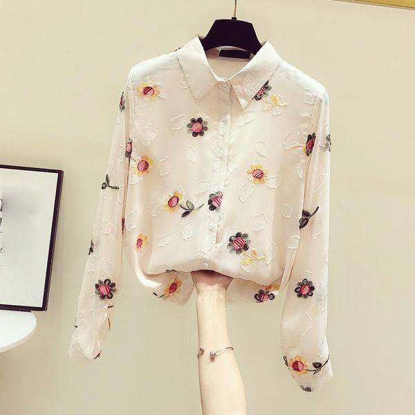 

women's blouses & shirts embroidery chiffon women summer 2021 turn-down collar long-sleeved loose elegant office lady outwear, White