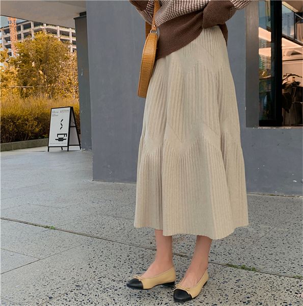 

2021 new autumn winter high waist thick knitted pleated skirt female ol elegant fashion a-line long skirts womens 5 colors kj3f, Black