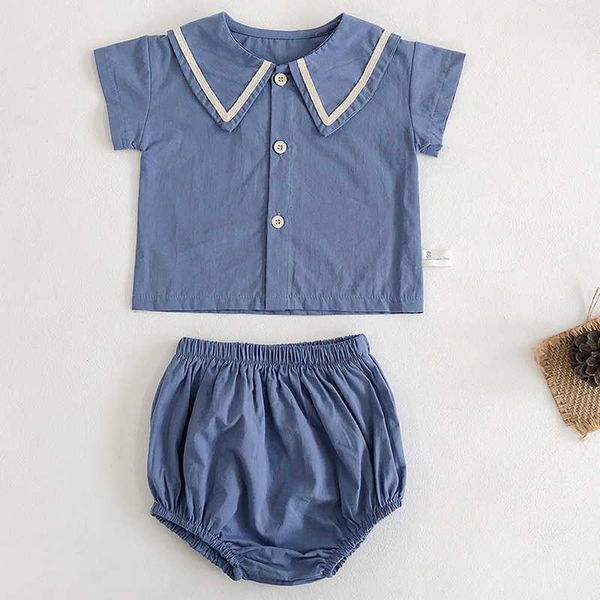 Темно-синий стиль, комплект одежды для маленьких мальчиков и девочек, футболка + шорты из полипропилена, летний комплект одежды для новорожденных девочек, костюм одежды для маленьких девочек
