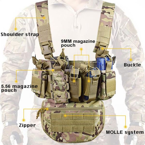 

3 molle tactical chest rig vest paintball combat plate carrier vests with radio magazine pouch hunting gear, Camo;black