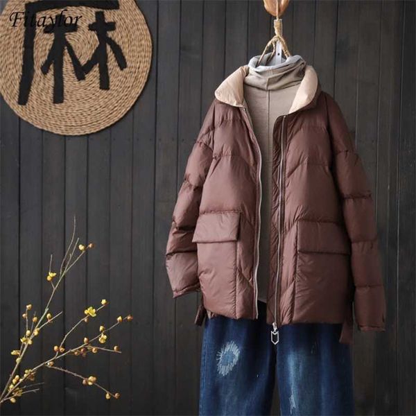 

fitaylor winter women stand collar short down coat 90% white duck down ultra light parkas loose zipper windproof outwear 201211, Black