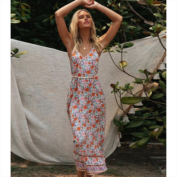 

summer boho casual floral printed women tank strap midi dress sleeveless backless vintage cami vestidos beach slip dresses, White