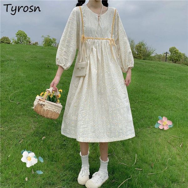 

casual dresses long sleeve dress women floral harajuku japanese style midi vestidos students bandage design all-match chic kawaii temperamen, Black;gray