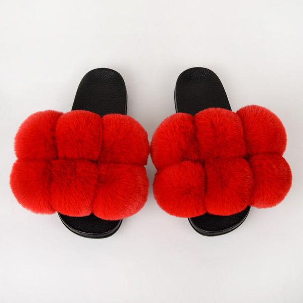 

slippers summer women faux fur slides for fluffy house female shoes woman with pom pon furry, Black