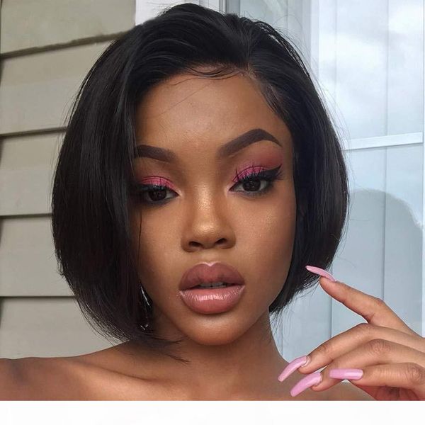 

full lace bob wigs for women short straight bob brazilian virgin human hair wigs glueless baby hair part bleached knots 130% density, Black;brown
