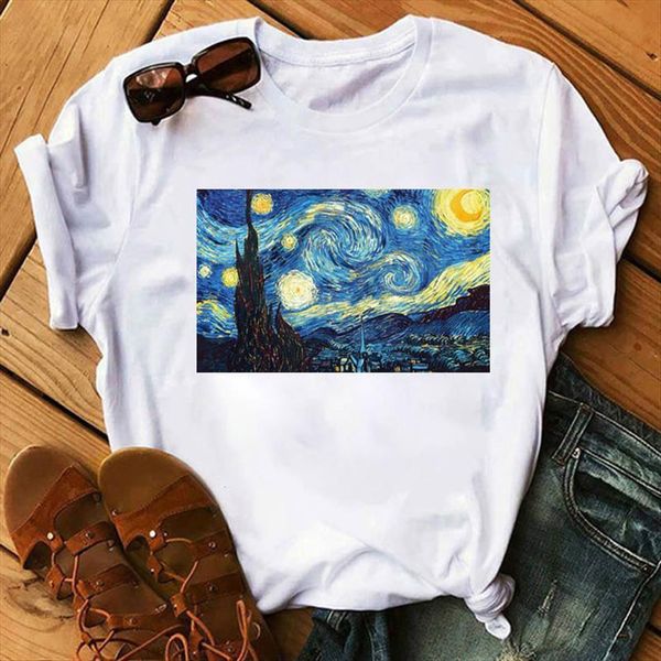 

summer van gogh star print womens t shirt tee ulzzang short sleeve casual fashion oil painting printing, White