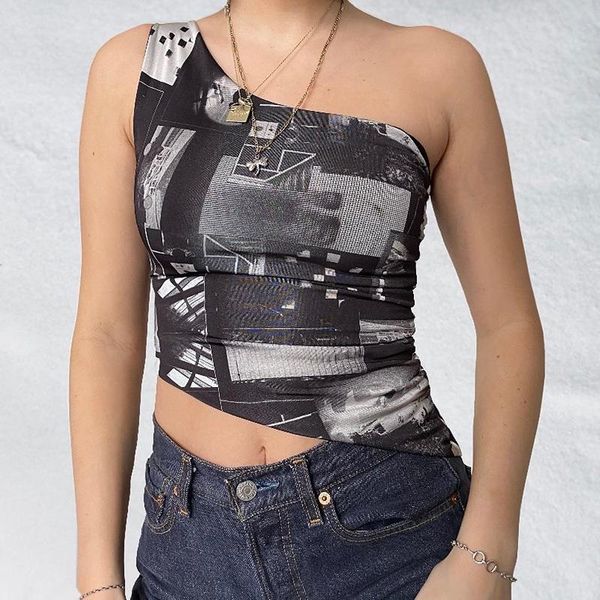 

women's tanks & camis summer one shoulder skinny crop y2k aesthetic printed corset women 90s vintage streetwear e-girl chinese style cl, White