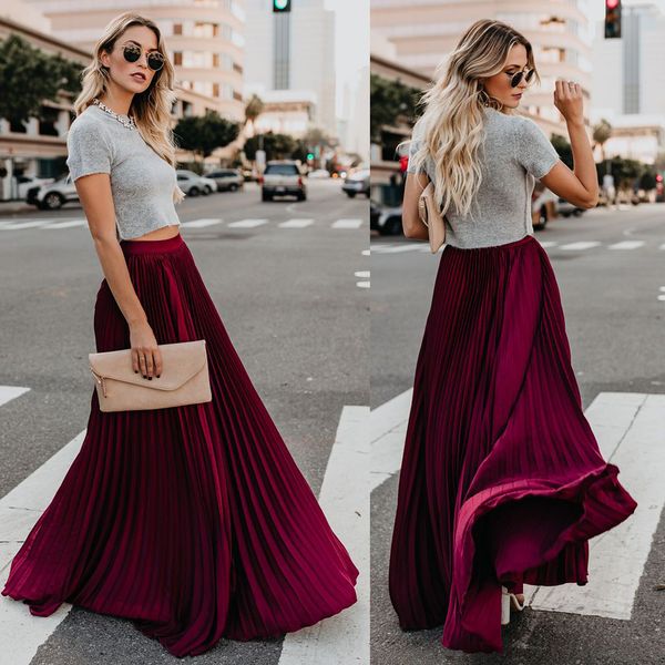 

2021 summer vintage skirts womens chiffon mesh high waist solid color long maxi skirts pleated length beach skirts spring women, Black