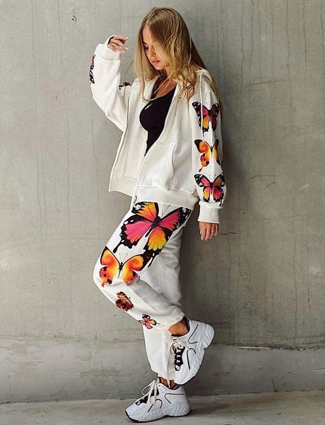 

women sport set tracksuit butterfly printed 2 pieces sport suit set butterfly print long sleeve zip hooded pants white/black, Gray