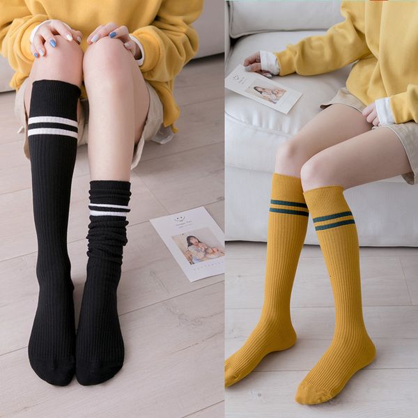 

spring autumn cotton two bar vertical stripe knee middle tube women' sweet college wind pile socks are casual and versatile, Red;black