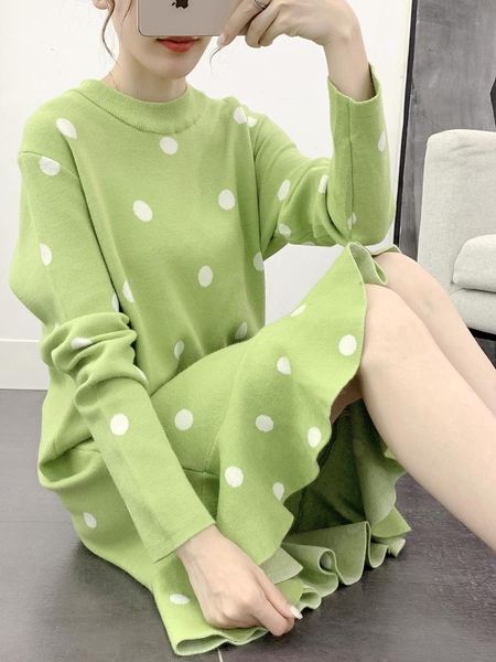 

casual dresses fashion korean style small fresh dot green knit long-sleeved autumn women clothes 2021 o-neck ruffled sweater dress, Black;gray