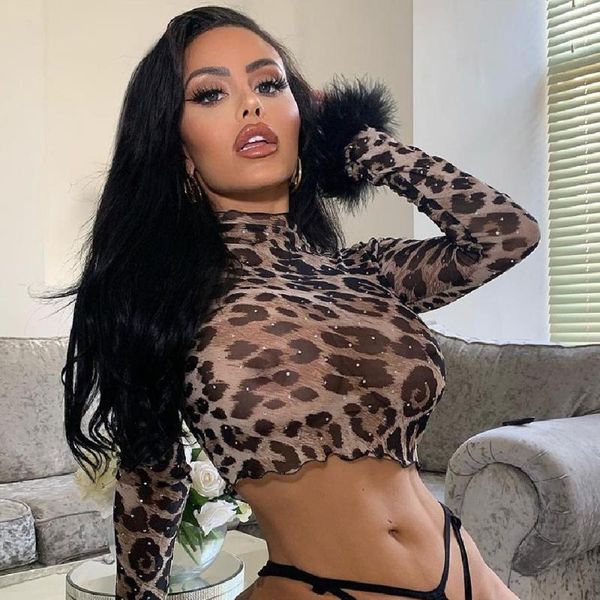 

women's t-shirt trendy leopard sequins shirt women ladies long sleeve plush trim round neck mesh see through slim chic tee cropped top, White