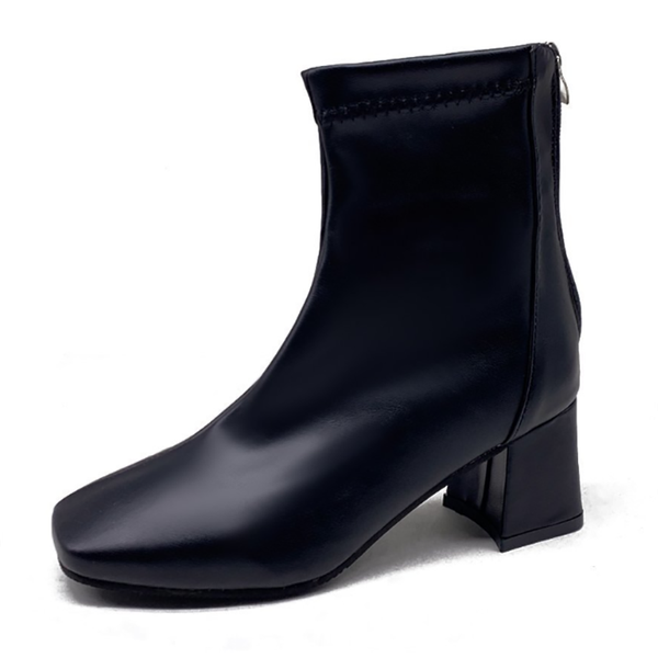 

boots leatehr short combat chunky middle heel 2021 winter women zipper ankle shoes for snow footwear, Black