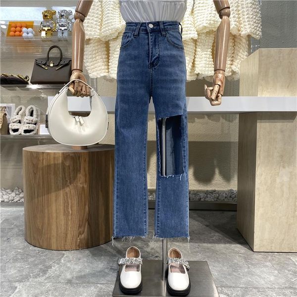 

women's jeans personality holes go with everything casual fashion blast street high waist show slim elastic edge straight pants, Blue