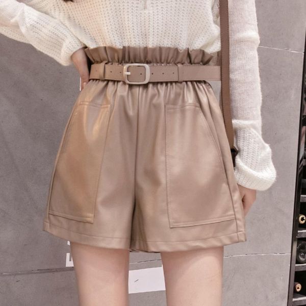 

women's shorts high waist pu leather women cool punk sashes wide leg autumn winter casual loose elastic 2021, White;black