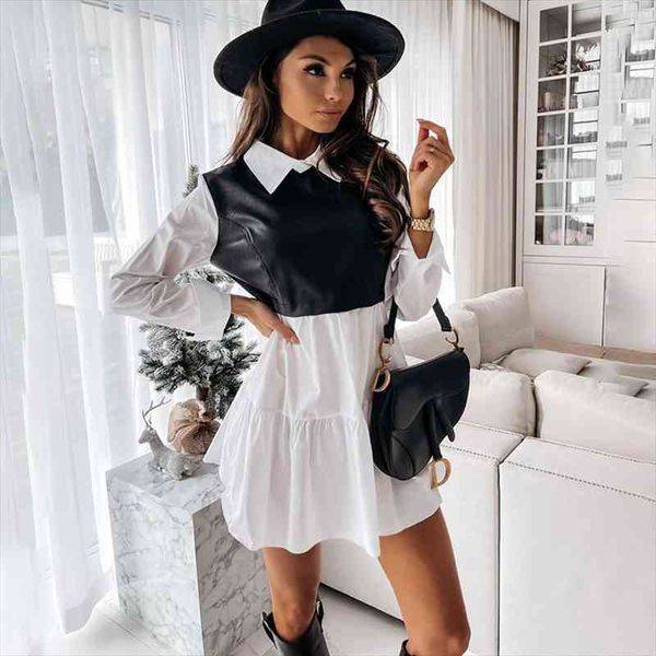

casual long sleeve mini shirt women dress white spring pu leather patchwork plaid dresses for clothing femme robe, Black;gray