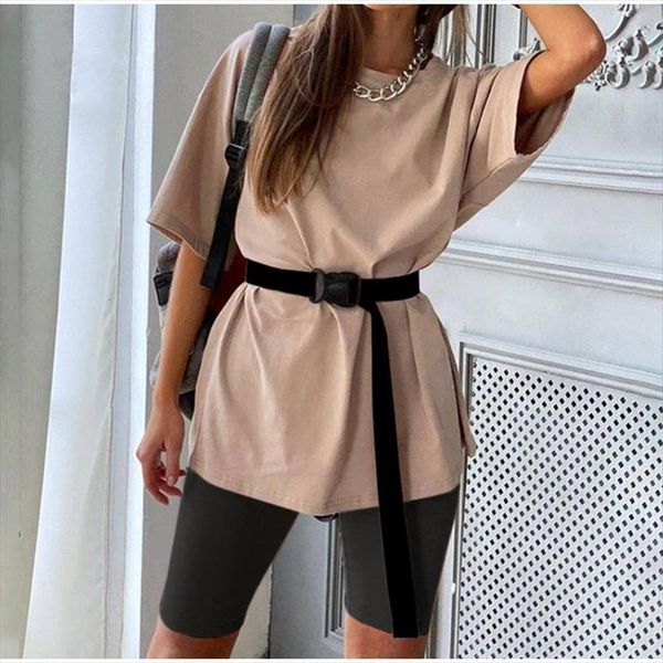 

solid oversized 2 pieces womens tracksuits set half sleeve t shirt with sashes biker shorts female tracksuit summer streetwear lady, Gray