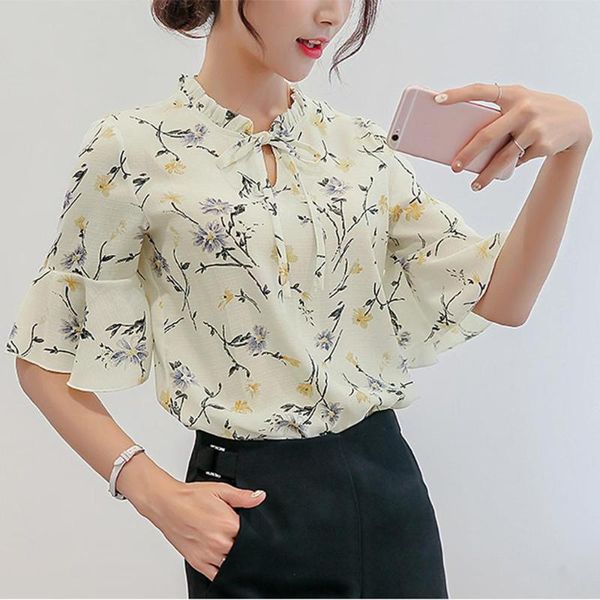 

women elegant bow tie shirt summer work office flare sleeve floral print chiffon tee shirt lady blusas blusas mujer, White