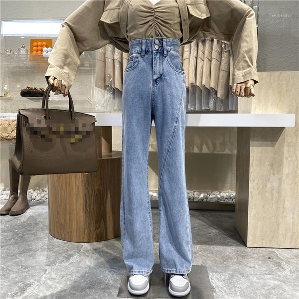 

brand original design high waist diagonal two-button baggy wide-leg pants spring 2021 versatile casual skinny jeans women's & capris, Black;white