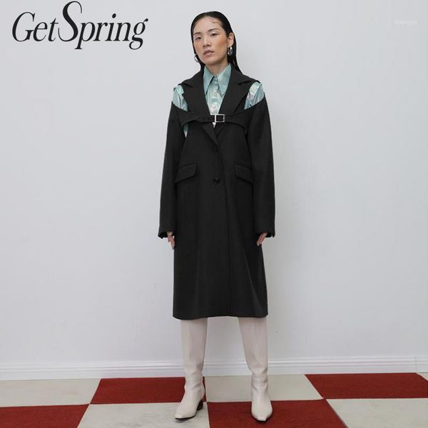 

getspring women woolen coat patchwork hollow out asymmetric women winter wool long coats 2019 fashion vintage voercoat1, Black