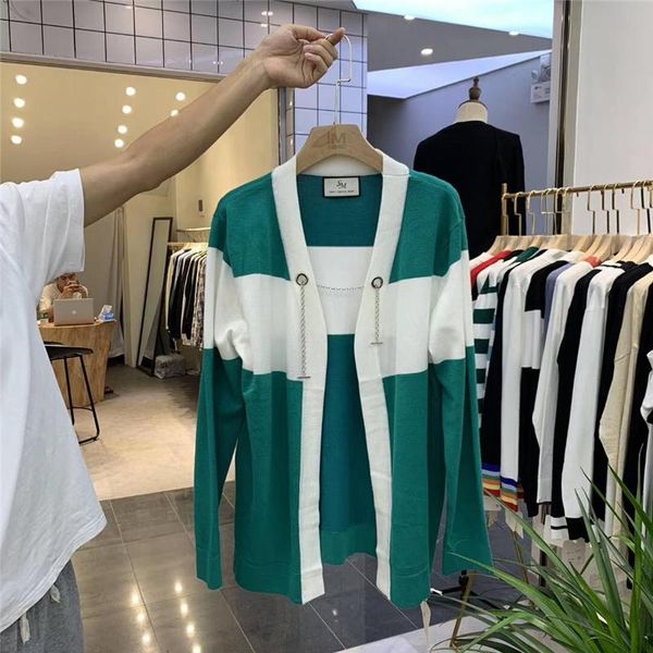 

men's sweaters casual high-quality pullover loose cardigan v-neck striped sweater autumn and winter brand coat, White;black