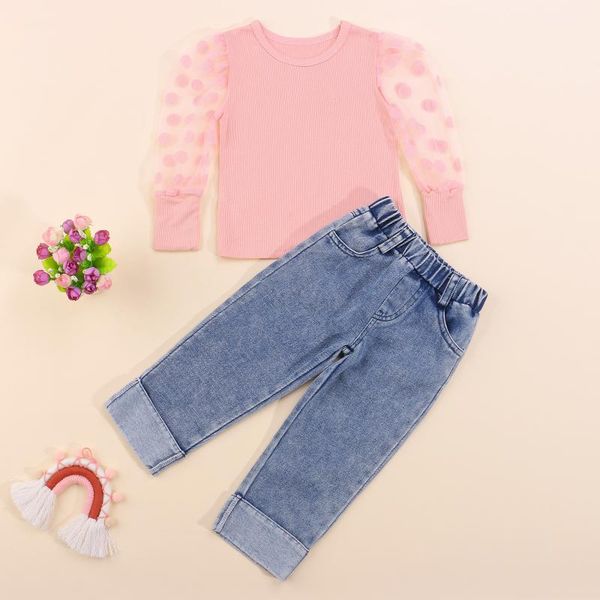 

clothing sets baby long sleeves jeans bow neckline decoration mesh knit stitching high waist spring, White