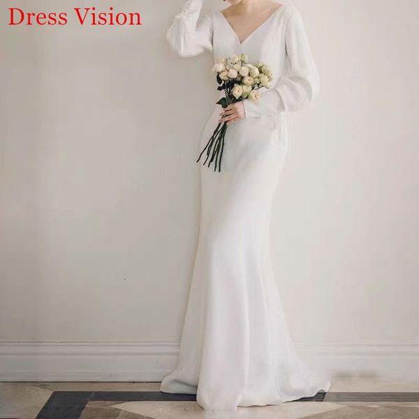 

2021 vestido noiva wedding v-neck long sleeves robe de soiree bride to be stlw, White