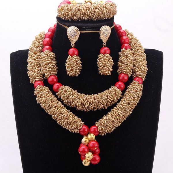 Ohrringe Halskette 4UJewelry Set Kristallgold und rote nigerianische Hochzeitsperlen Mutiger afrikanischer Modeschmuck 2021
