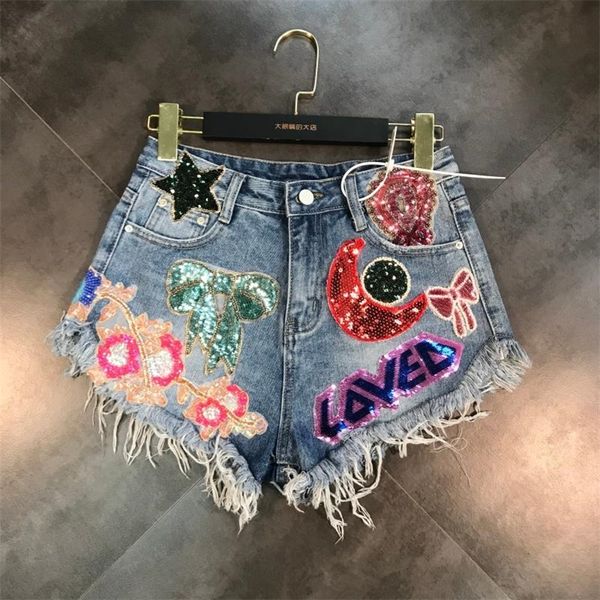 

deat new arrivals moon stars sequins embroidery tassel patch raw denim shorts female fashion tide women me670 210306, White;black