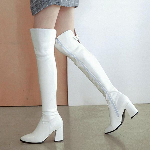 

boots women's over the knee high pu leather zipper ladies shoes autumn winter long woman fashion pointed heel, Black