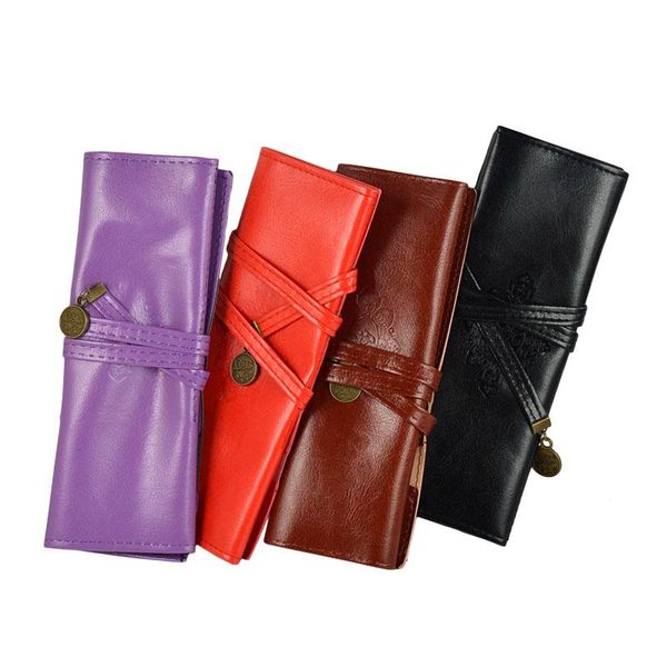 

pencil bags leather organizer retro case bag roll wallet cosmetic make up portable