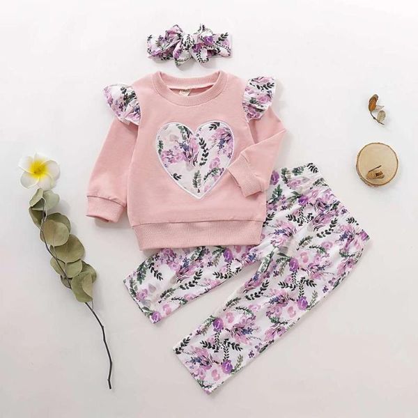 

clothing sets 0-24m toddler baby girls clothes springs long sleeve floral hooded tee pants headband outfit, White