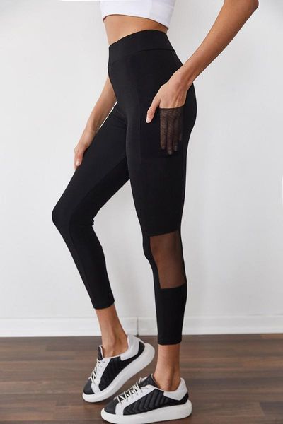 

women's leggings black tulle detailed pocket high waist 1kzk5-11401-02