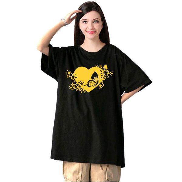

women's t-shirt floral heart with butterflies cotton tshirt streetwear summer oversized t shirt women harajuku short sleeves hip hop, White