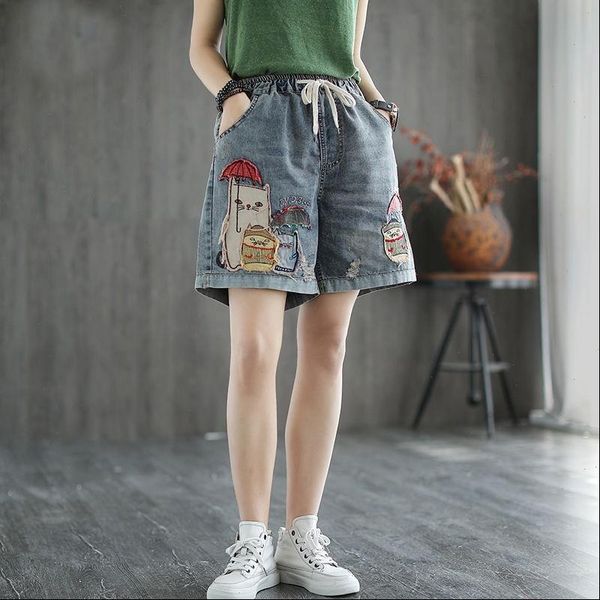 

arrival summer loose casual womens jeans elastic waist patchwork straight leg pants embroidery cotton denim short a224, Blue