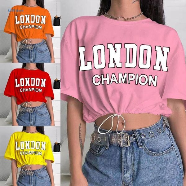 

women's t-shirt women summer half sleeves o-neck harajuku hip hop elastic drawstring hem crop letters print loose streetwear, White