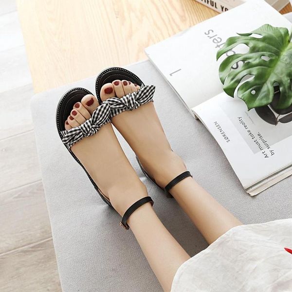 

bouguer sweet bow buckle summer comfort beach shoes flat heel sandals, Black