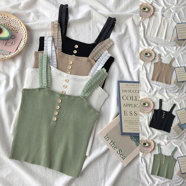 

women knitted tank solid camisole button vest knit crop lace cami slim, Black;white