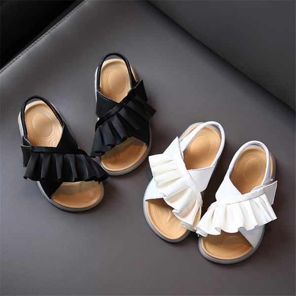 

sandals 2021 summer children's leather ruffles toddler kids shoes cute baby soft fashion princess girls 21-30, Black;red