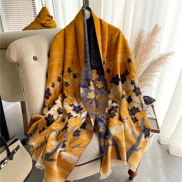 

scarves luxury design women winter scarf hijab print thick cashmere pashmina blanket shawl wraps female headkerchief bufanda foulard, Blue;gray